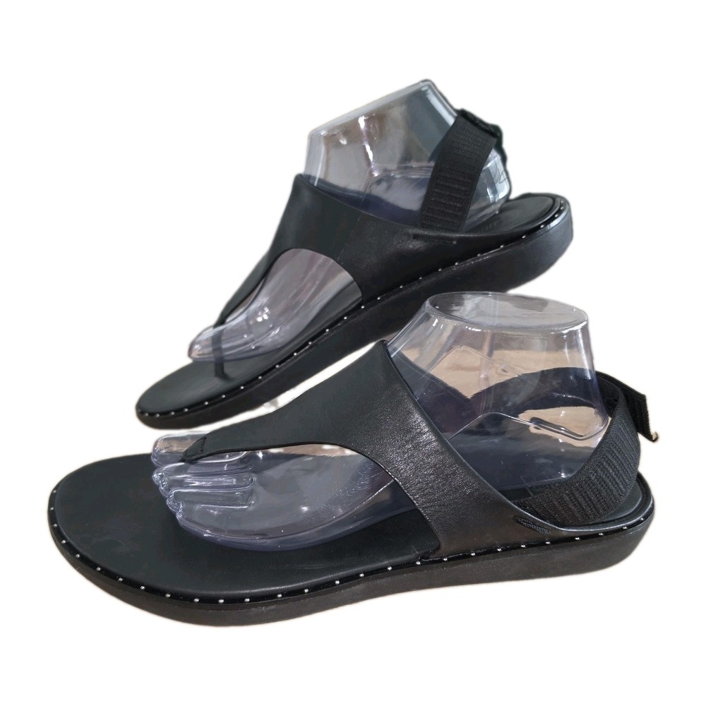 FitFlop Tia T-Strap Slingback Thong Black Leather Woman's Sandals Size 11